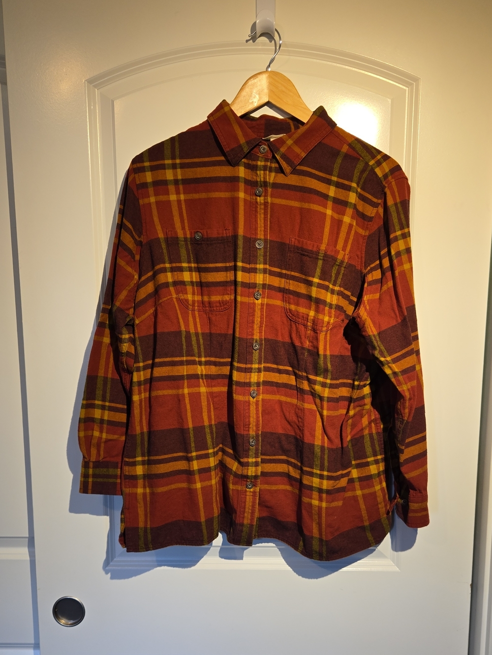 Duluth Trading Co Rust Plaid Button-Down Shirt with Yellow Accents
